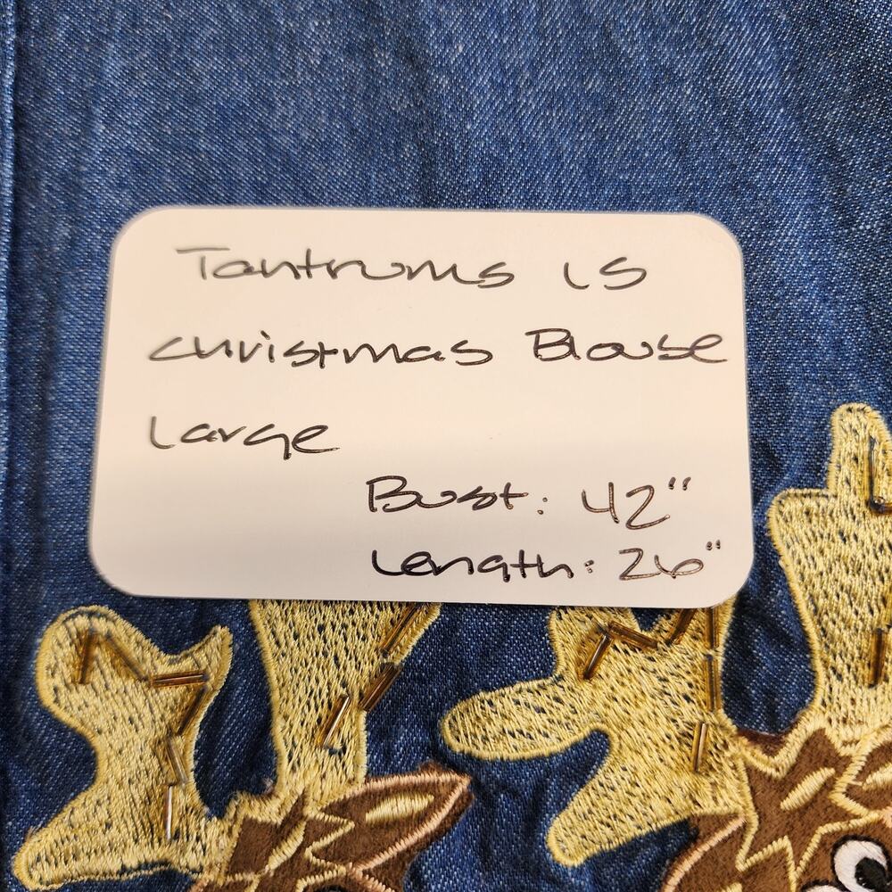 Tantrums Women's Blue Denim Christmas Button Up Shirt Size L Santa Reindeer - Picture 8 of 8